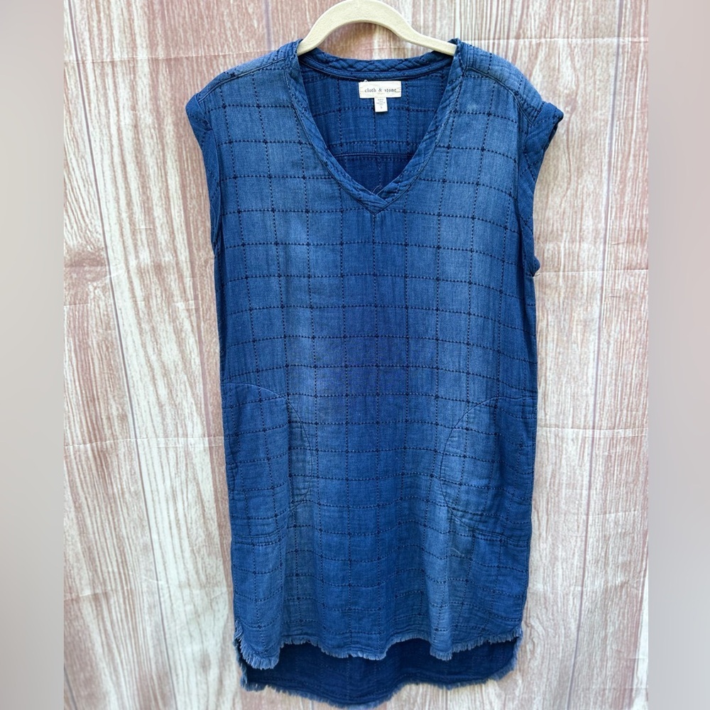 Cloth & Stone Anthropologie S denim quilted soft cotton chambray fringe dress